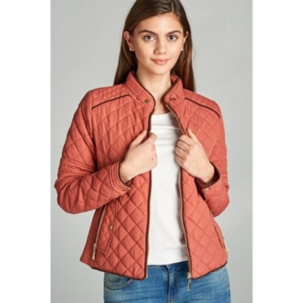Rusted Pink Quilted Jacket With Suede Piping - Picture 1 of 3